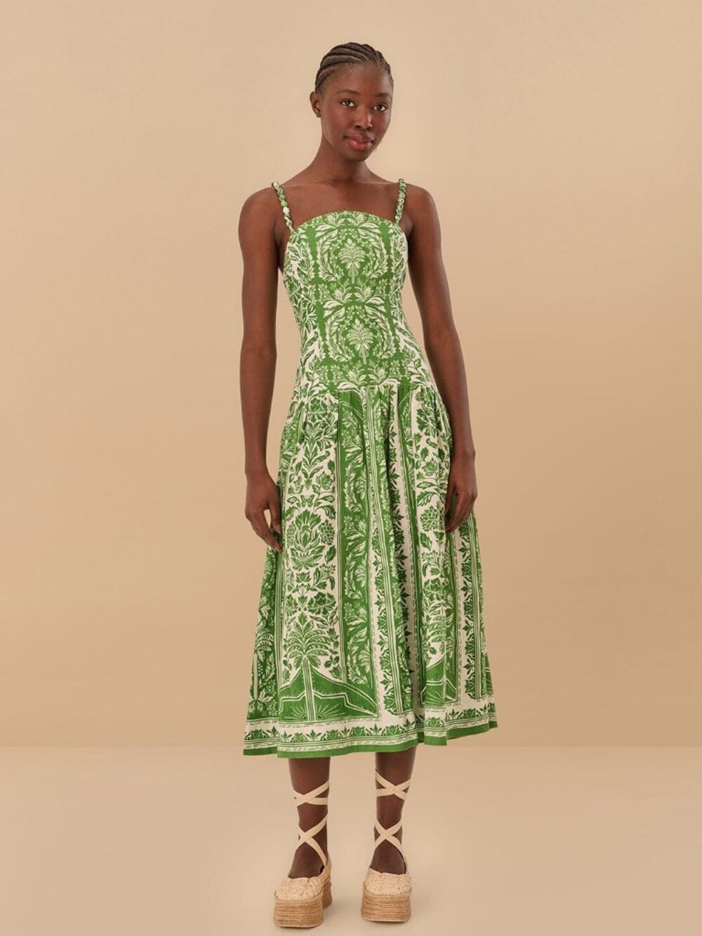 FARM Rio Delicate Tapestry Green Midi Dress 100% Linen Square Neck NWT Size S